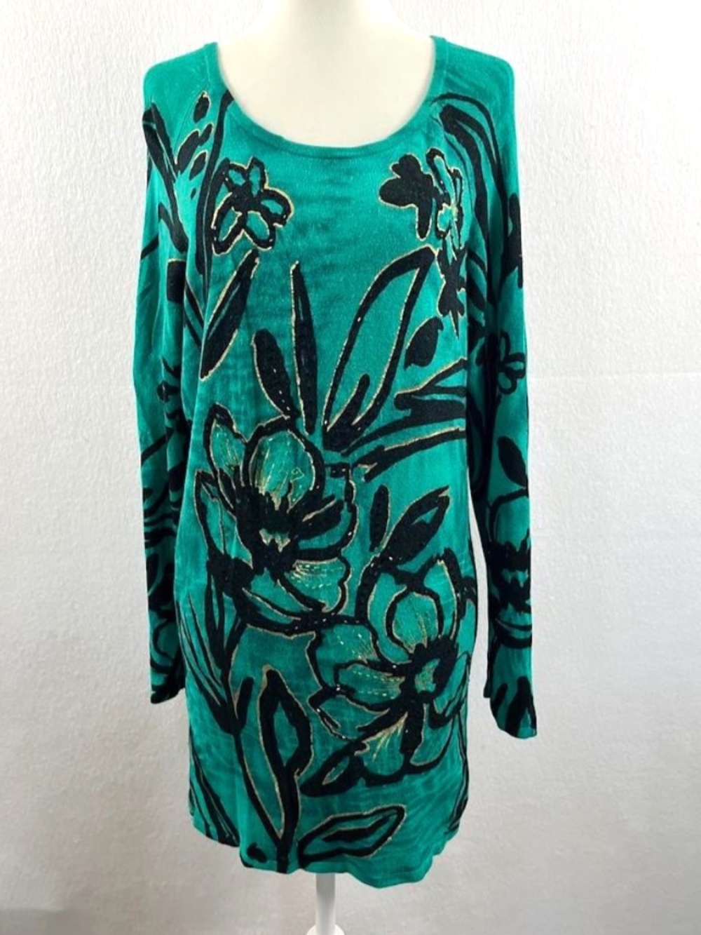 Vintage Y2K Cache Knit Sweater Tunic Top Teal Black Floral Beaded Medium